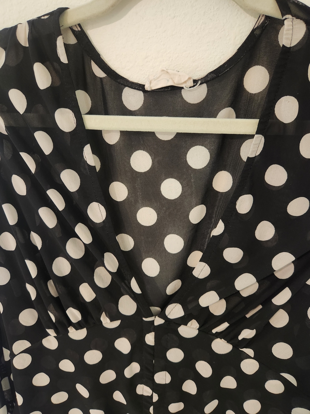 Polka Dot V-Neck Long Sleeve Blouse - Black/White - Picture 3 of 7